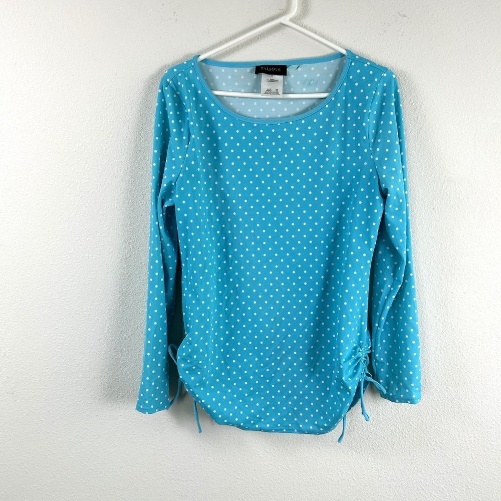 Talbots‎ Miraclesuit Rash Guard Women M Blue Polka Dot Adjustable Ruching UPF 50